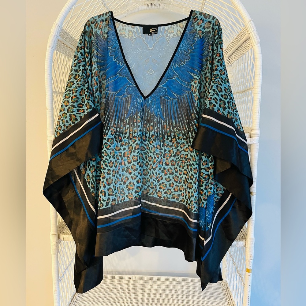 Just Cavalli Roberto Cavalli Leopard Feather Kaftan Kimono Blouse 100% Silk Sz M